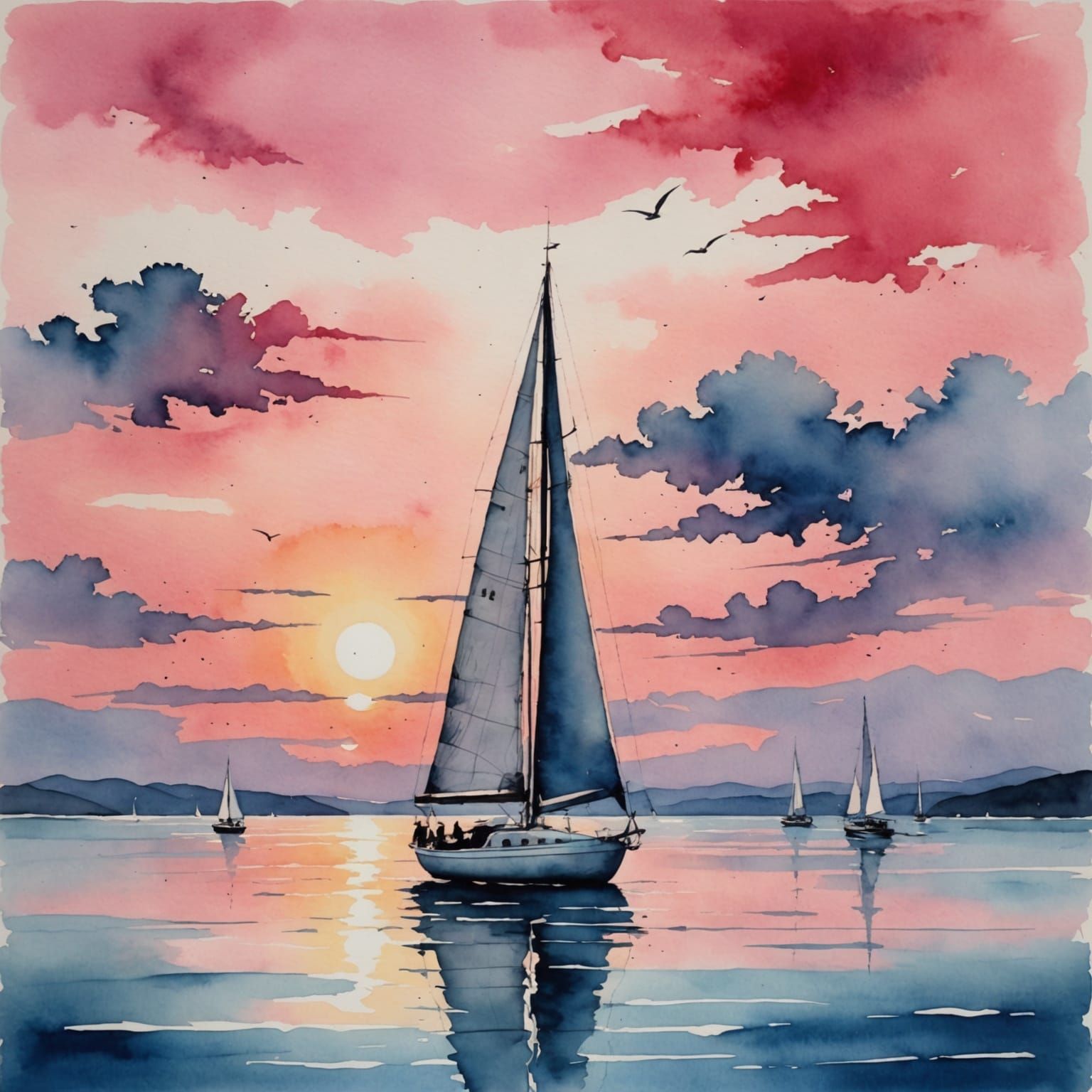 Pink Sunset Sailboat on European Ocean