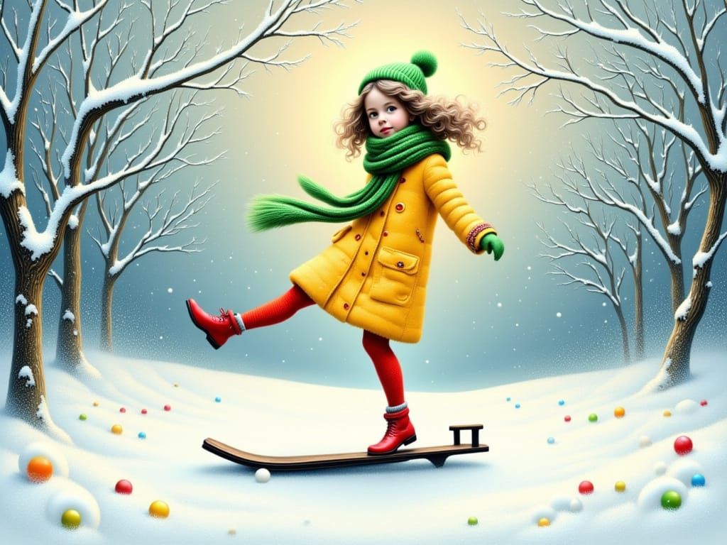 Vibrant Winter Wonderland Scene in Retro Chic Style