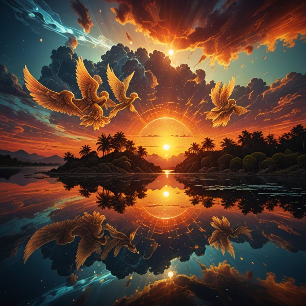 Angels Surround a Blazing Cosmic Sunrise