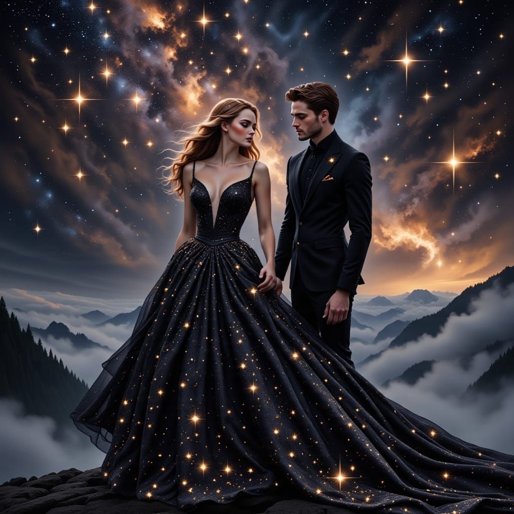 Ethereal Fantasy Couple in Shimmering Starlight Attire