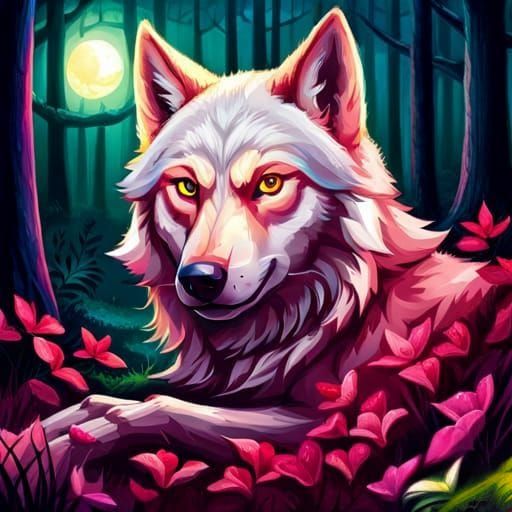 Pink Wolf Portrait in Forest: Fantasy Concept Art