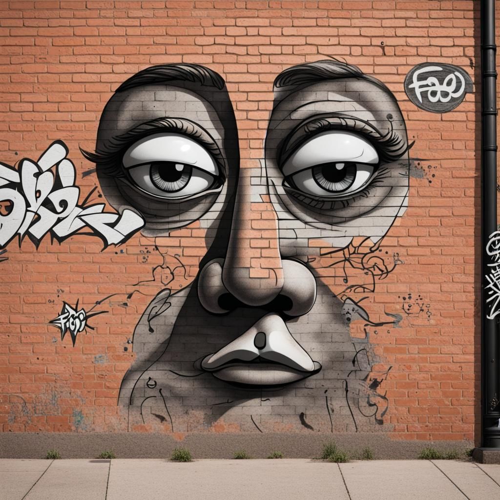 Brick Wall Graffiti Featuring Iconic Line Art