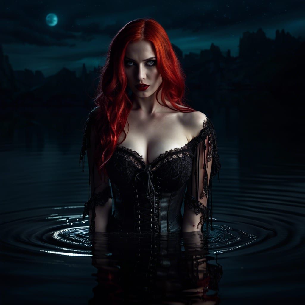 Redheaded Vampire in Lake at Night