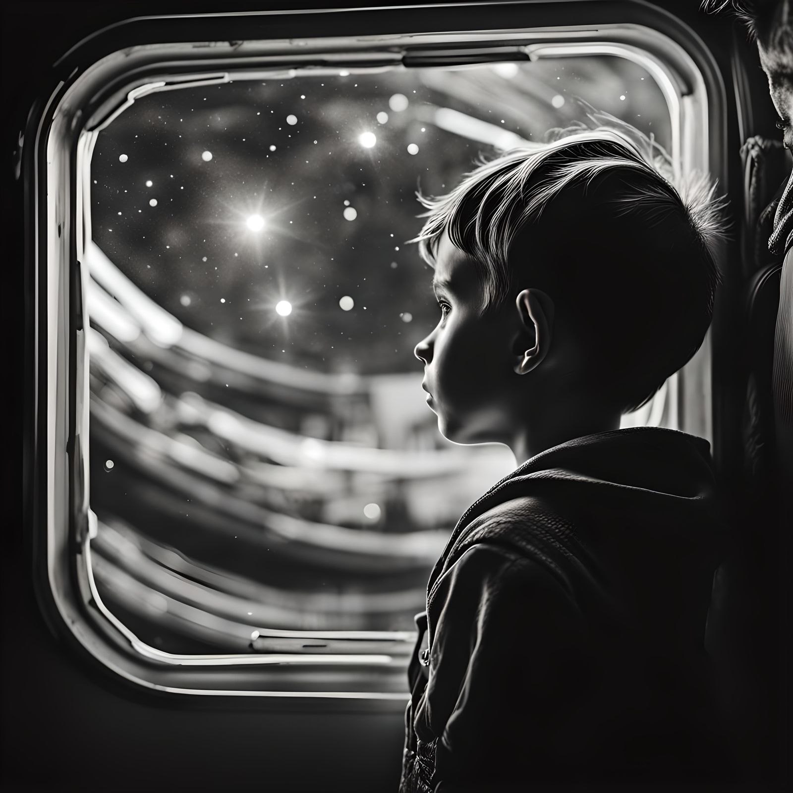 Boy Stares at Stars Through Spaceship Window