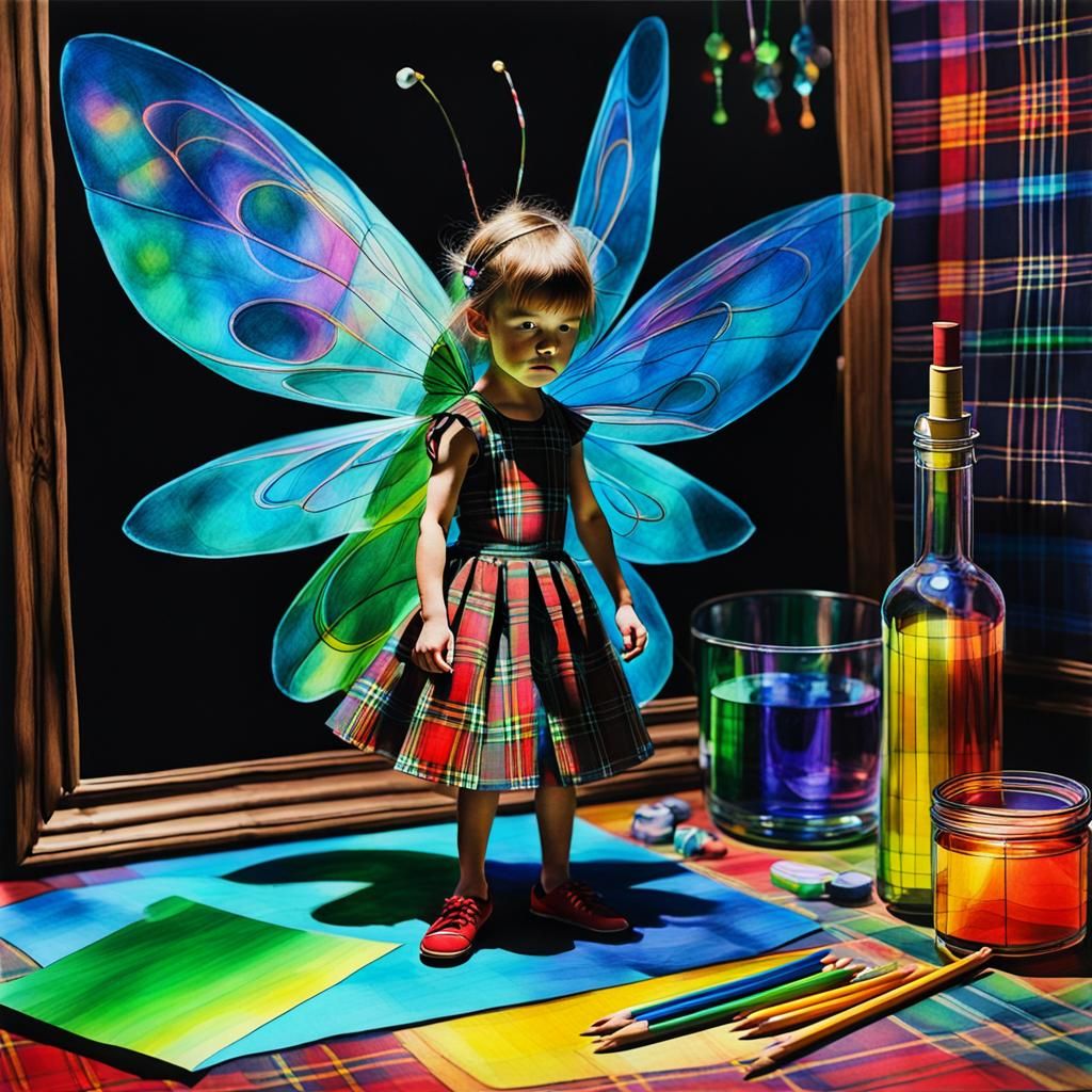 Surreal Tartan Drawing with Luminous Fairy