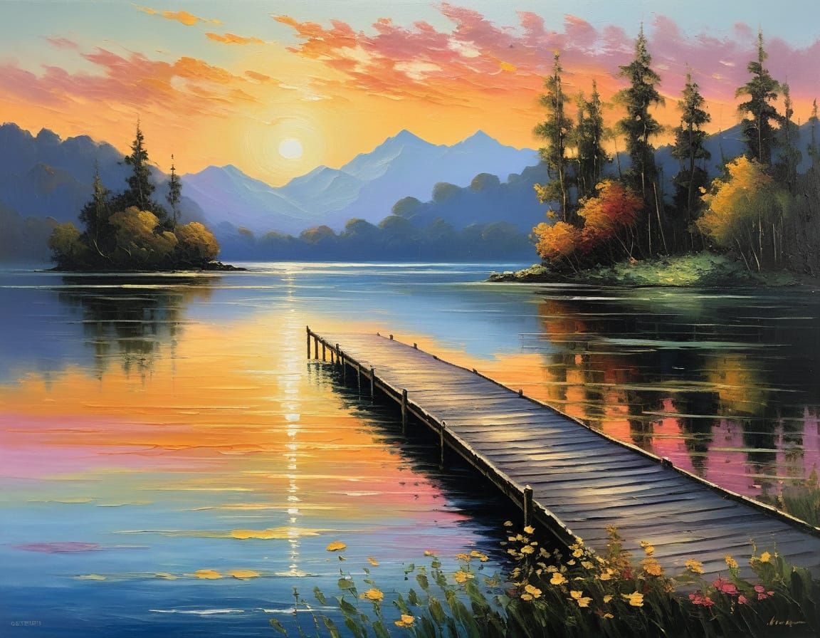 Serene Lake Scene in Impressionist Style