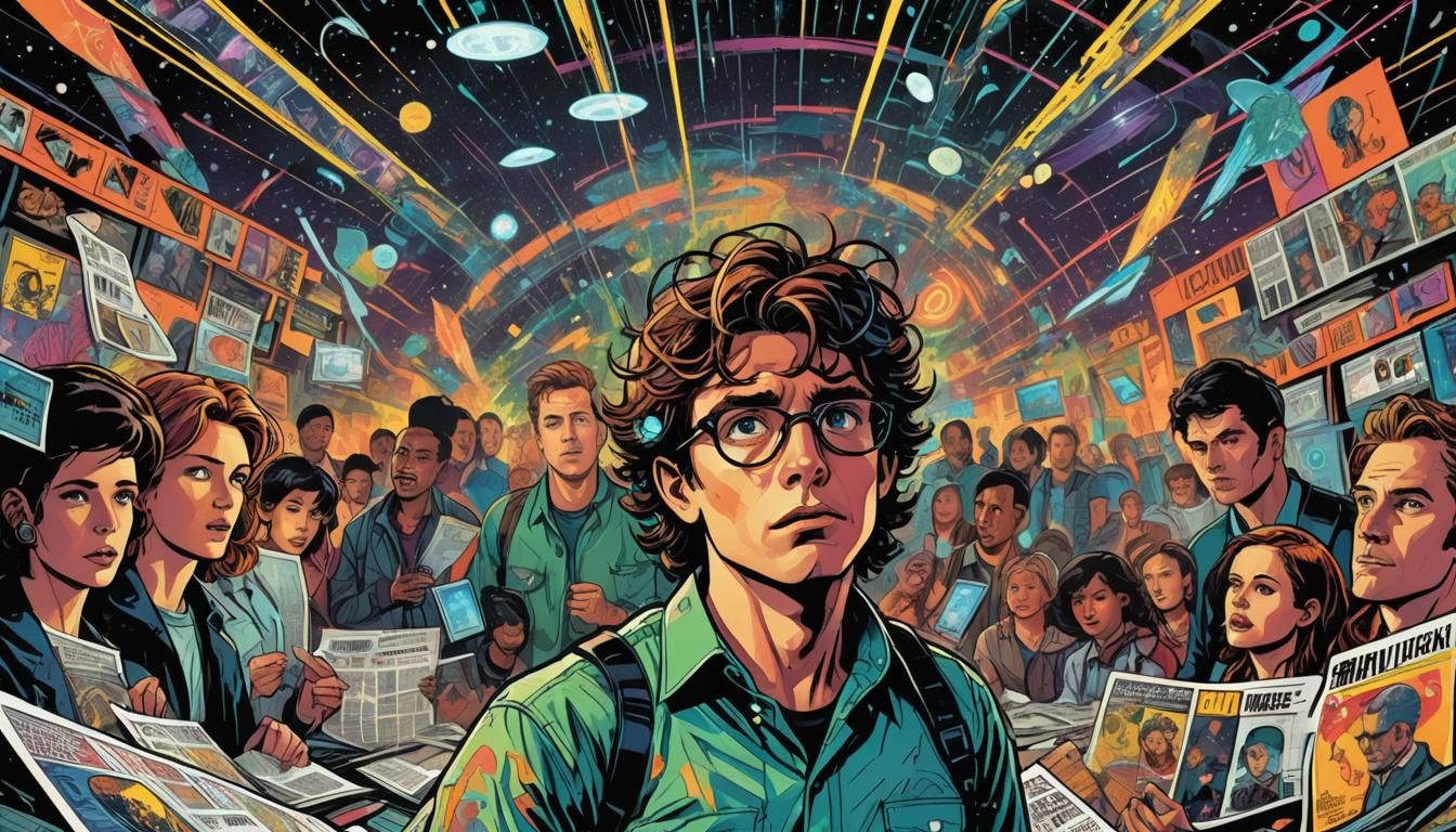 Frantic Person Surrounded by UFO News, in Comic Book Style