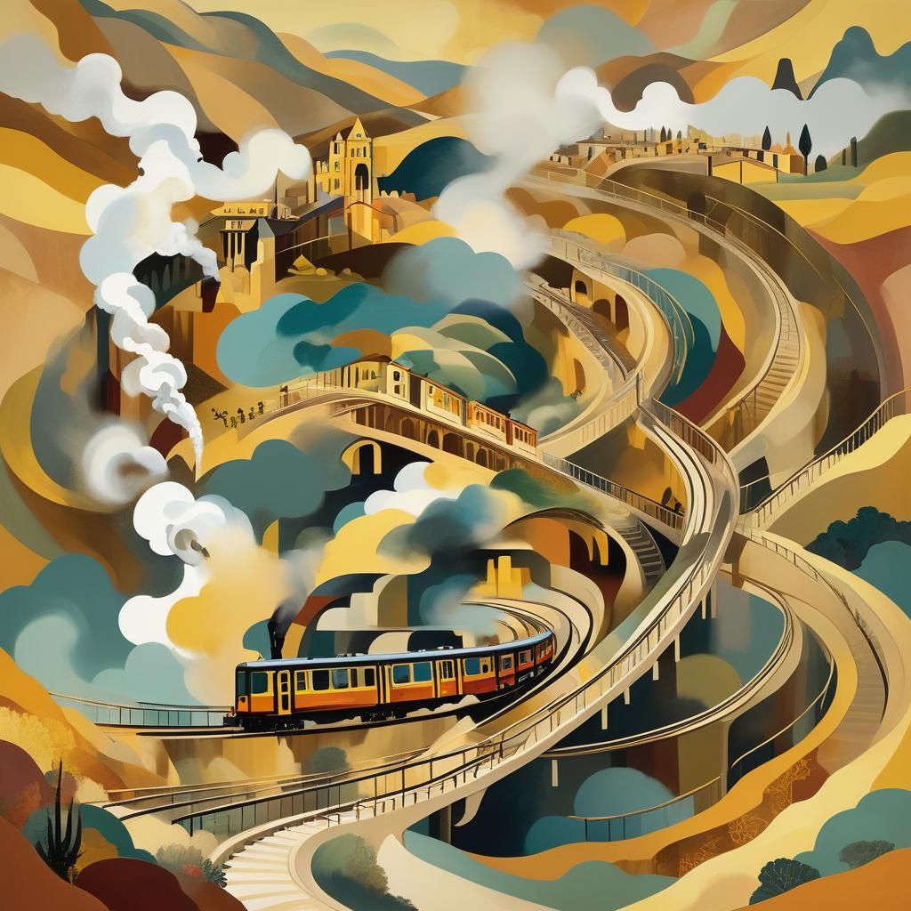 Cubist Train Speeding Through a Dreamscape