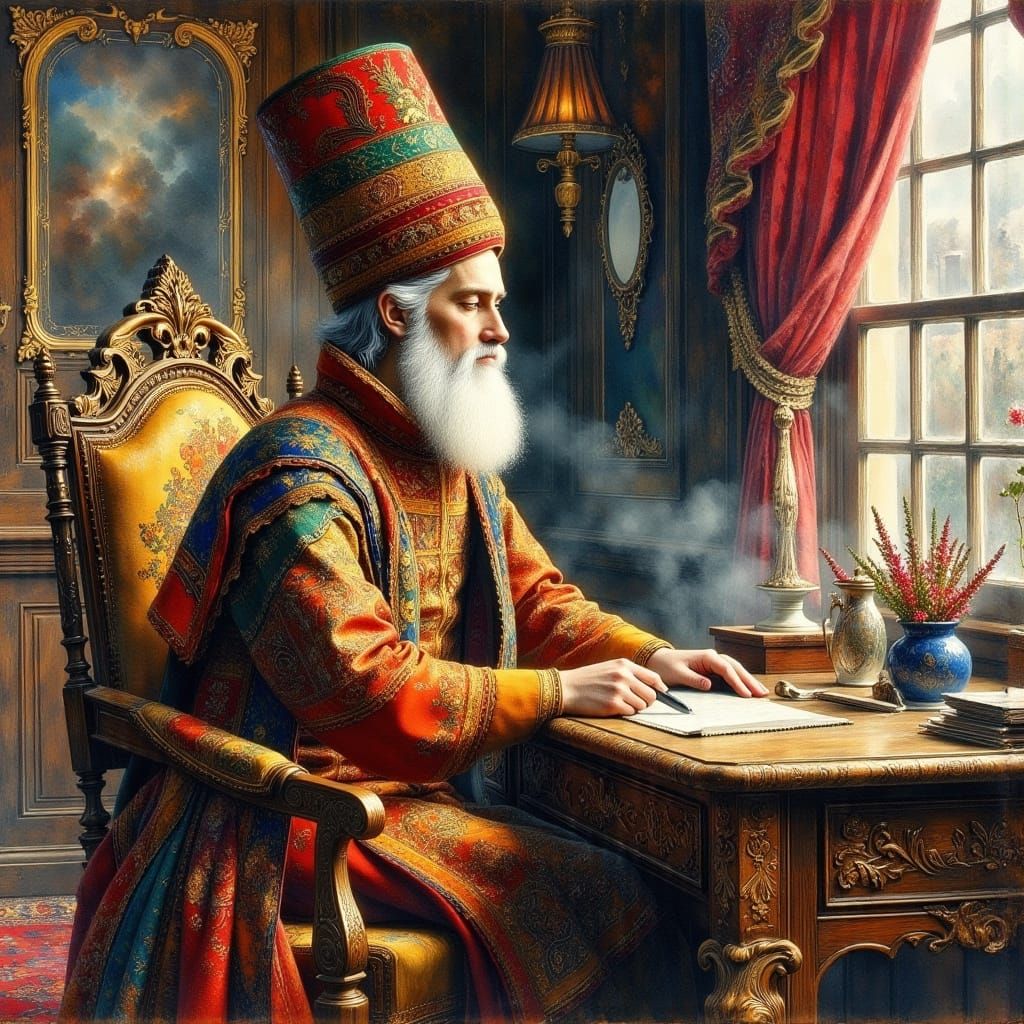 Russian Folk Art Portrait of Ivan Bilibin in Traditional Att...