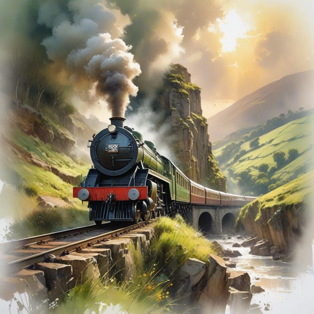 Steam Train on Viaduct: Harmonious Watercolour Landscape