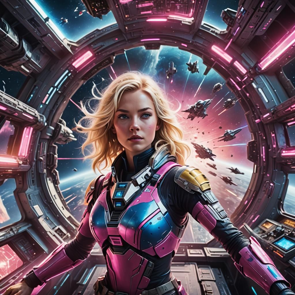 Blond Space Pilot in Sci-Fi Battle Scene