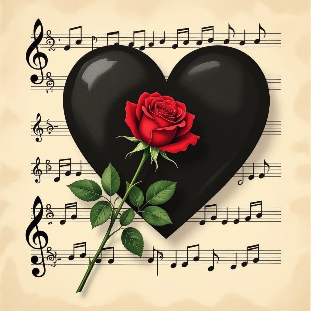 Red Rose with Heart and Music Notes, Ink Painting