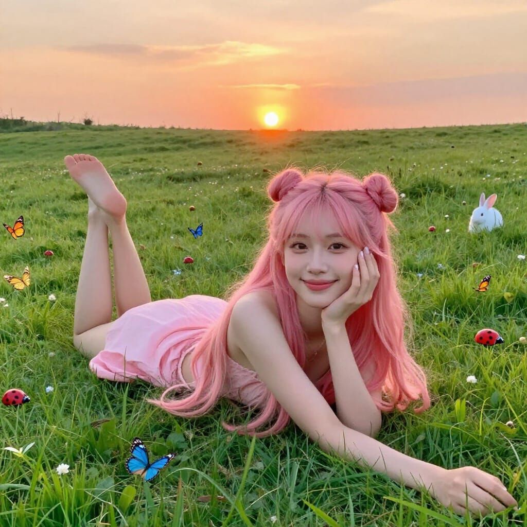 Happy Woman With Pink Hair in Sunset Meadow