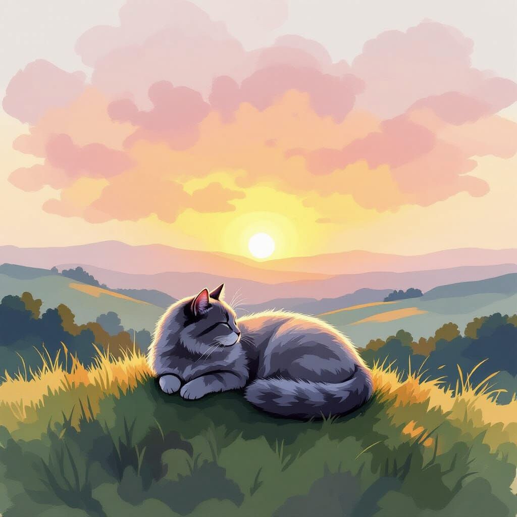Grey Cat Loafing on Hill Under Watercolour Sunrise Sky