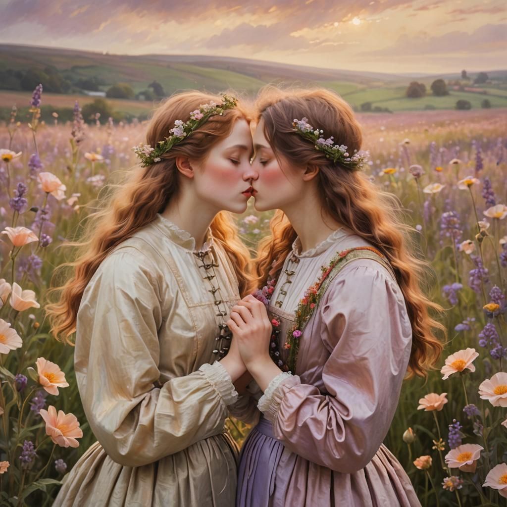 Two Women Kissing in Flower Field, Pre-Raphaelite Style