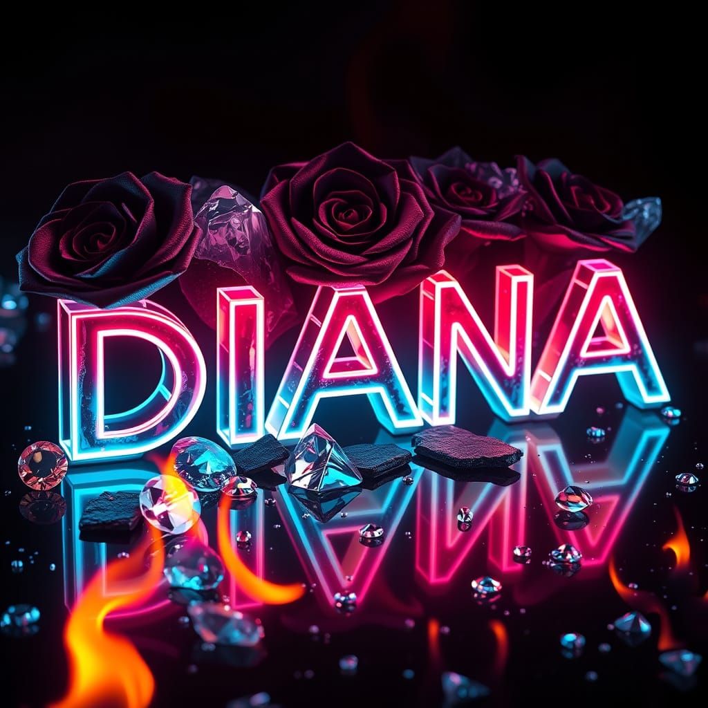 Holographic Name "DIANA" with Roses and Diamonds