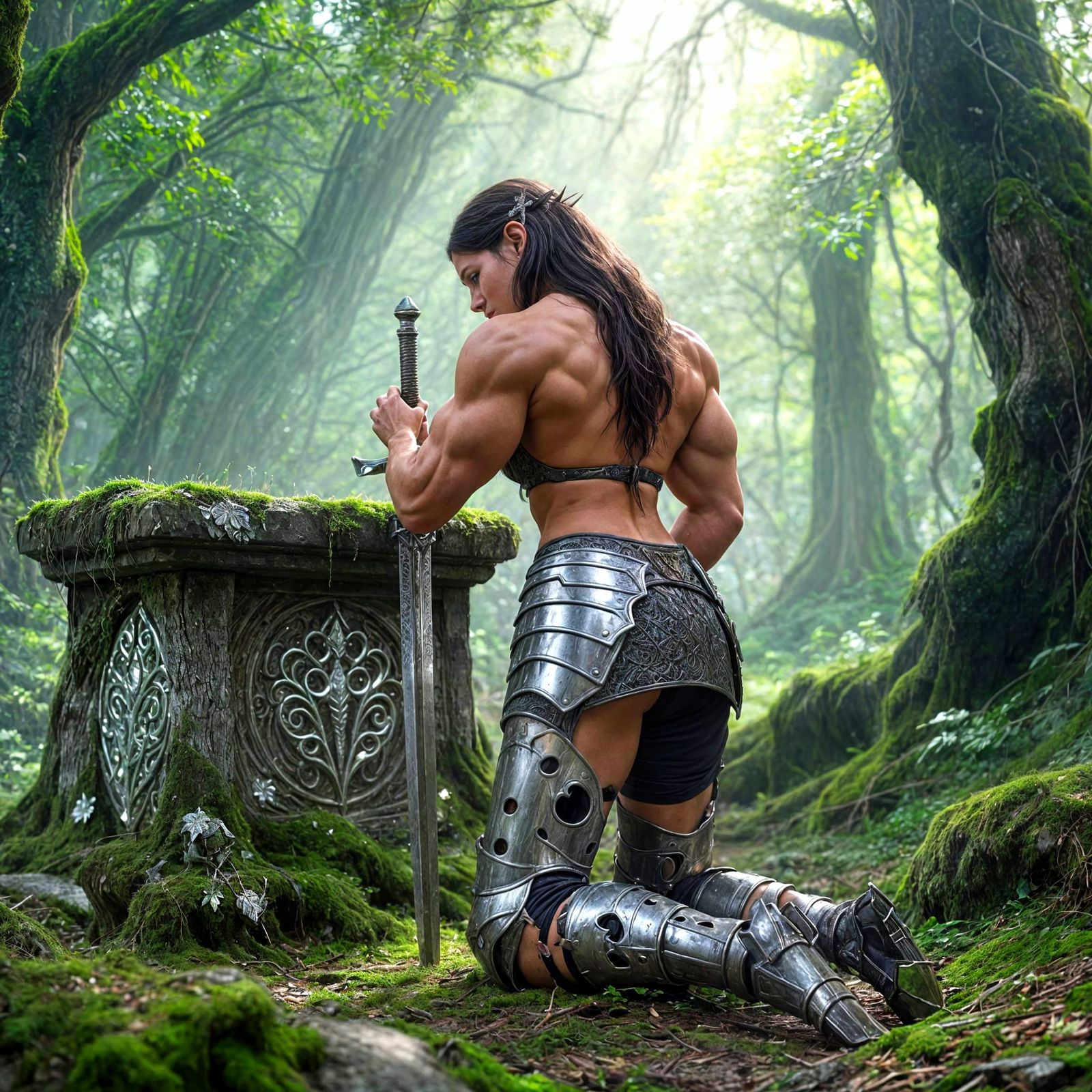 Elven Knight Kneels at Ancient Altar in Ethereal Grove