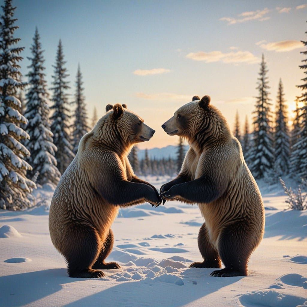 Two Bears Form Heart in Snowy Antarctica, Aurora Borealis