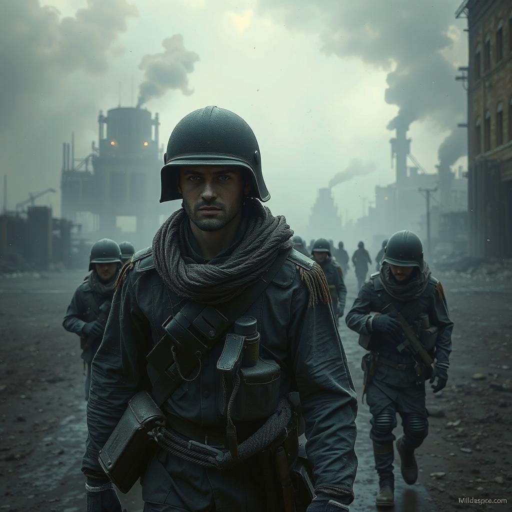 Soldiers Patroling Ruined Cityscape in Dystopian Style