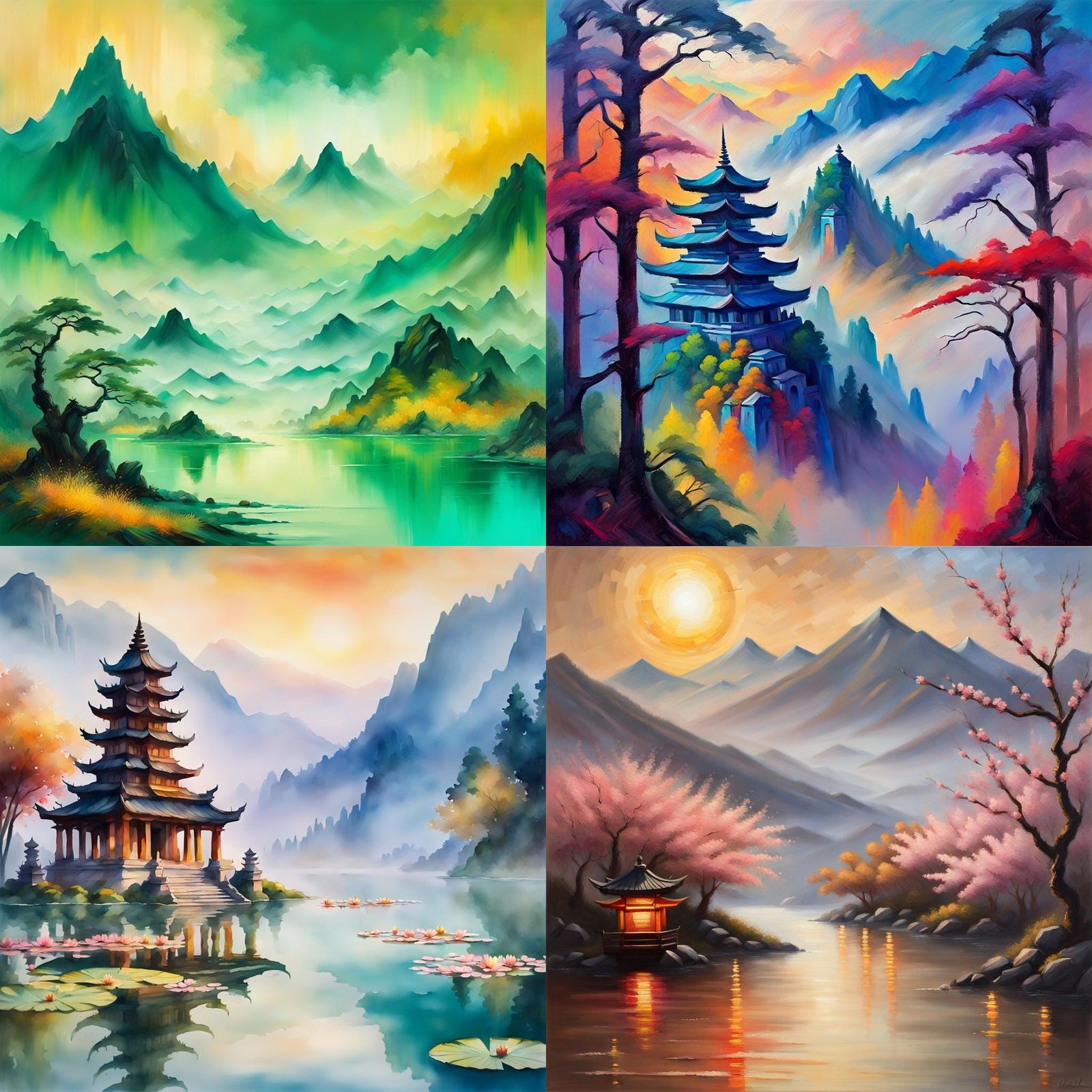 Surreal Asian Landscape in Watercolor Style