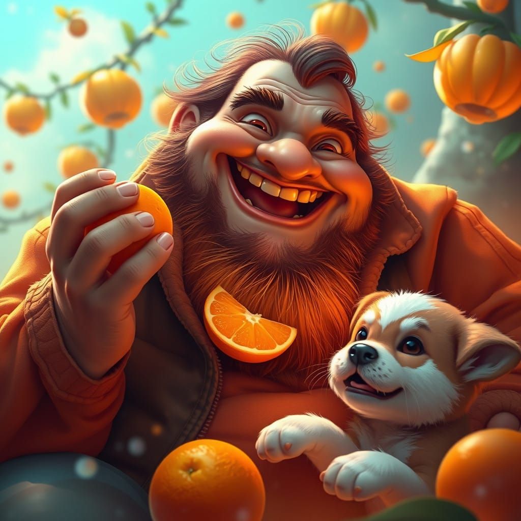 Fat Man Enjoys Orange in Whimsical Scene