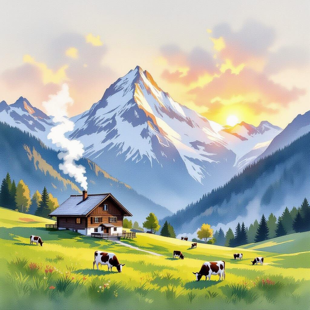 Majestic Swiss Alps at Sunset in Watercolor Style