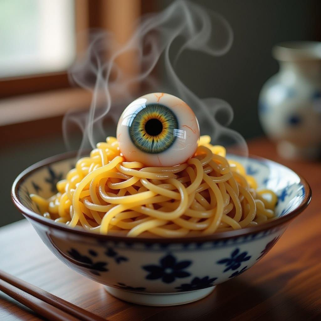 Hyperrealistic Lo Mein Topped with Detailed Eyeball