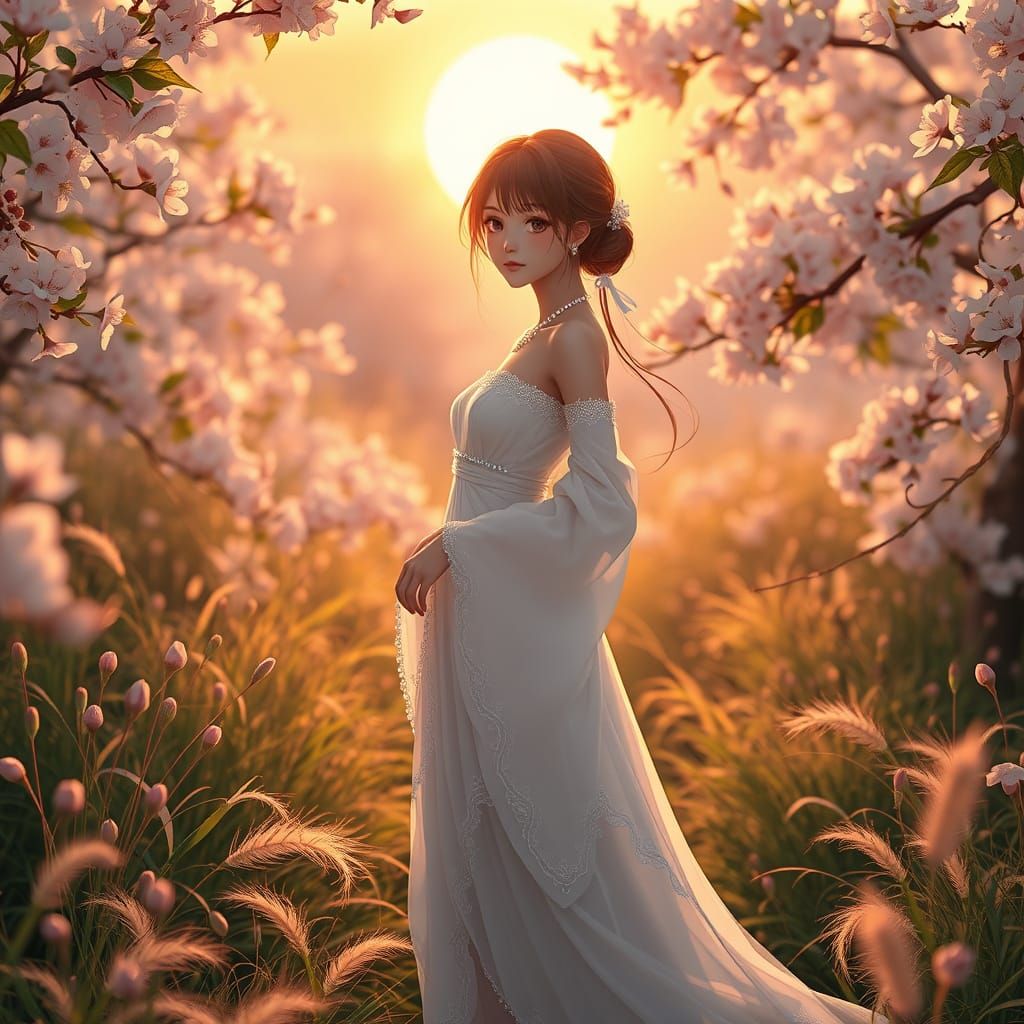 Elegant Anime Woman in Vibrant Cherry Blossom Garden