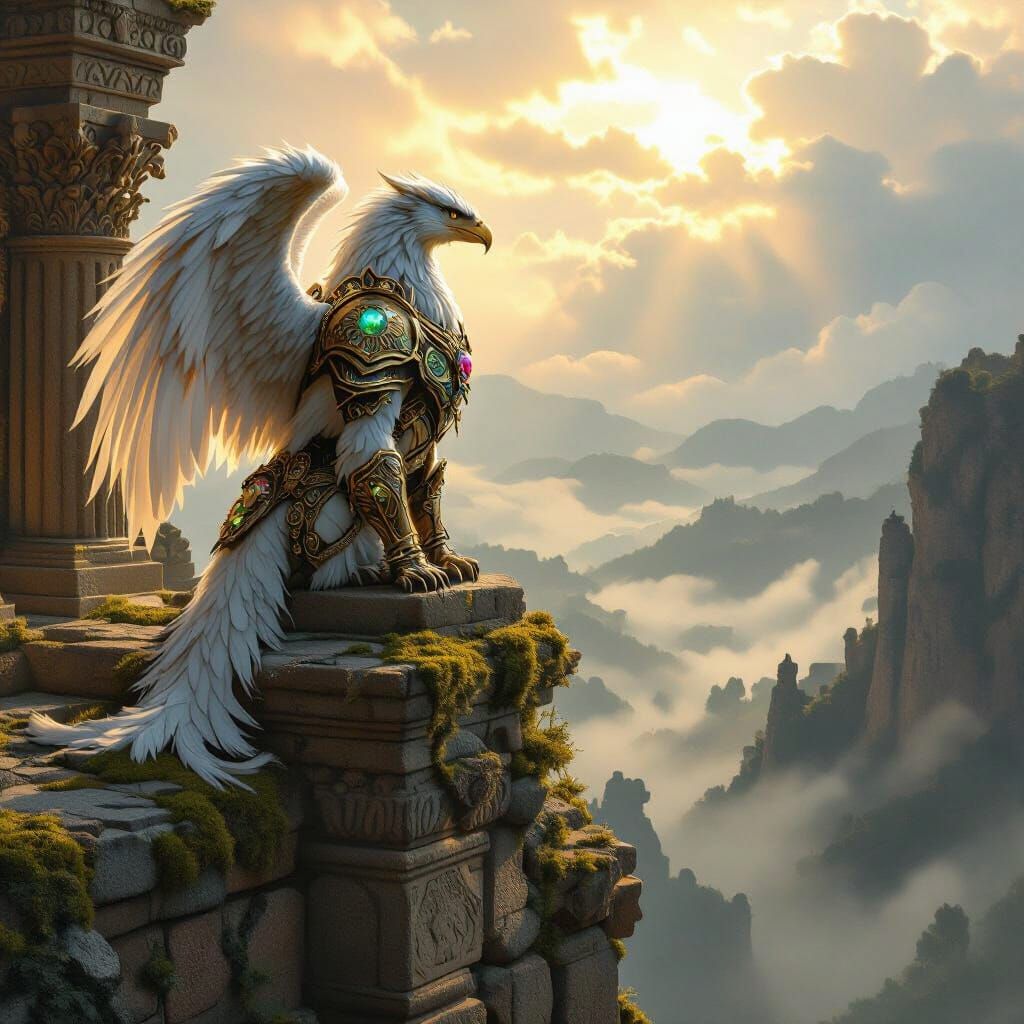 Griffin in Armor Overlooking Misty Valley