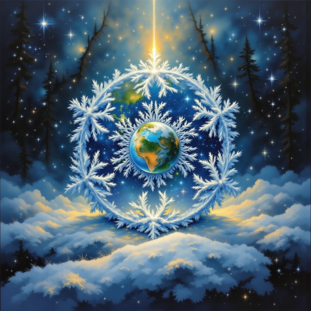 World Within a Snowflake: Acrylic Gouache Nouveau Impression