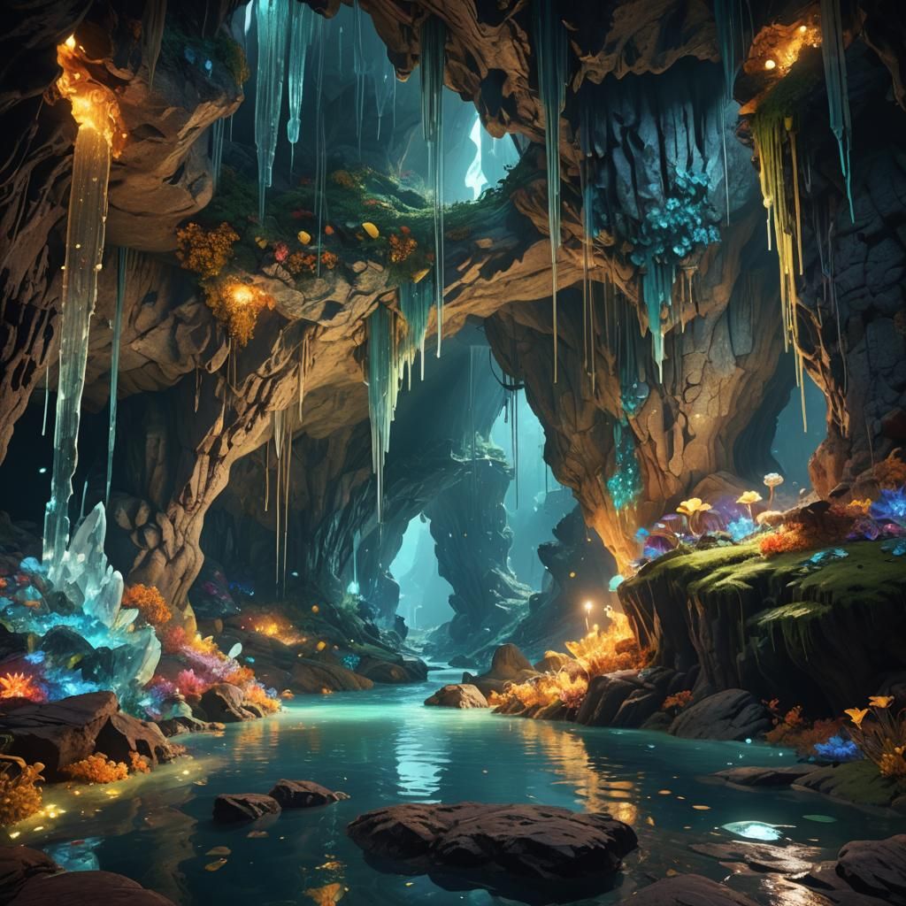 A hidden cave filled with sparkling crystals and luminescent...