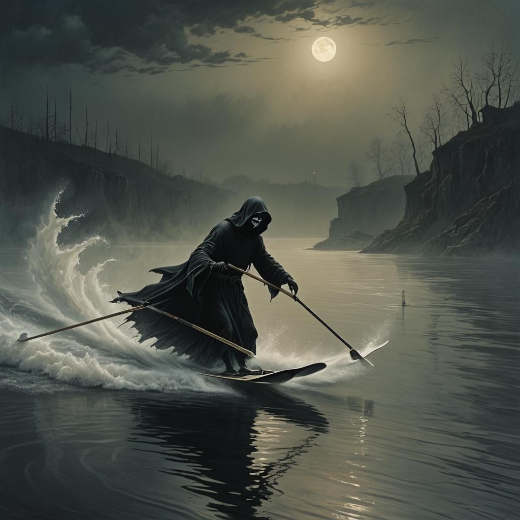 Grim Reaper Waterskiing on the River Styx