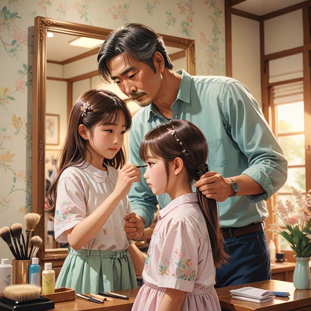 Heartwarming Anime Scene: Father Combing Daughter's Hair