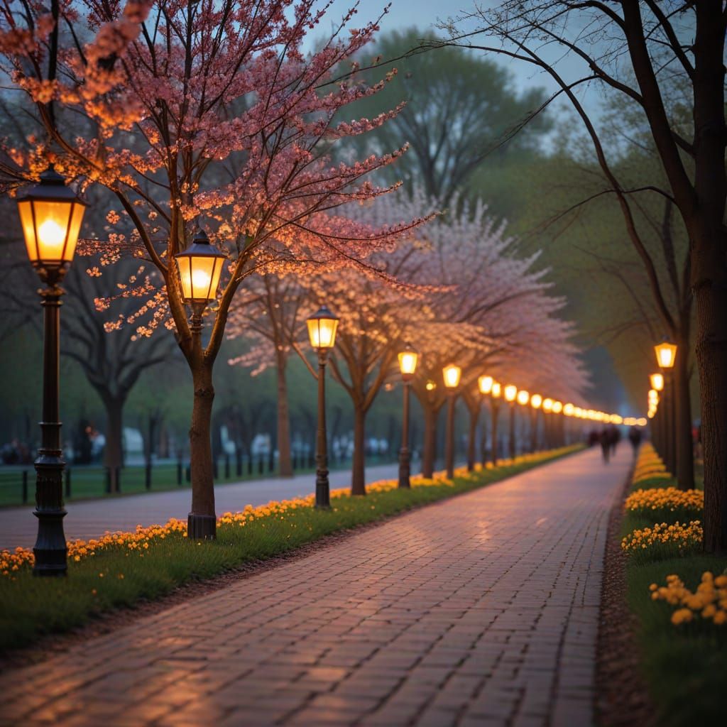 Spring Promenade at Dusk with Lanterns