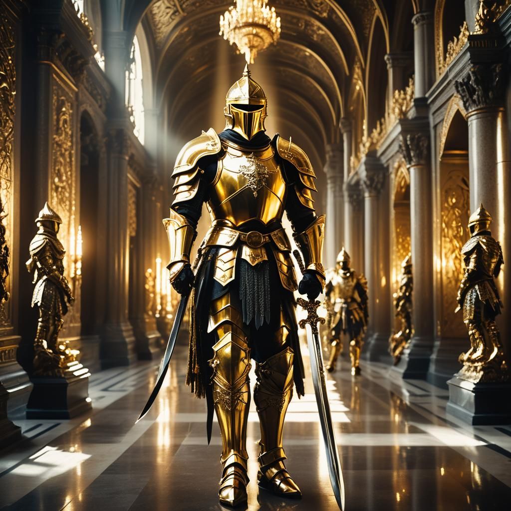 Knight in Golden Armor in a Grand Hall
