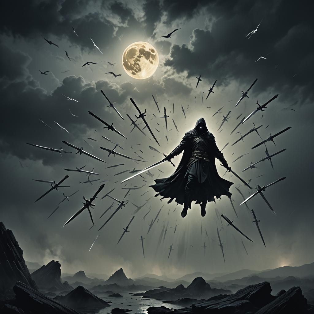 Ethereal Swords Surround Dark Figure in Cinematic Style