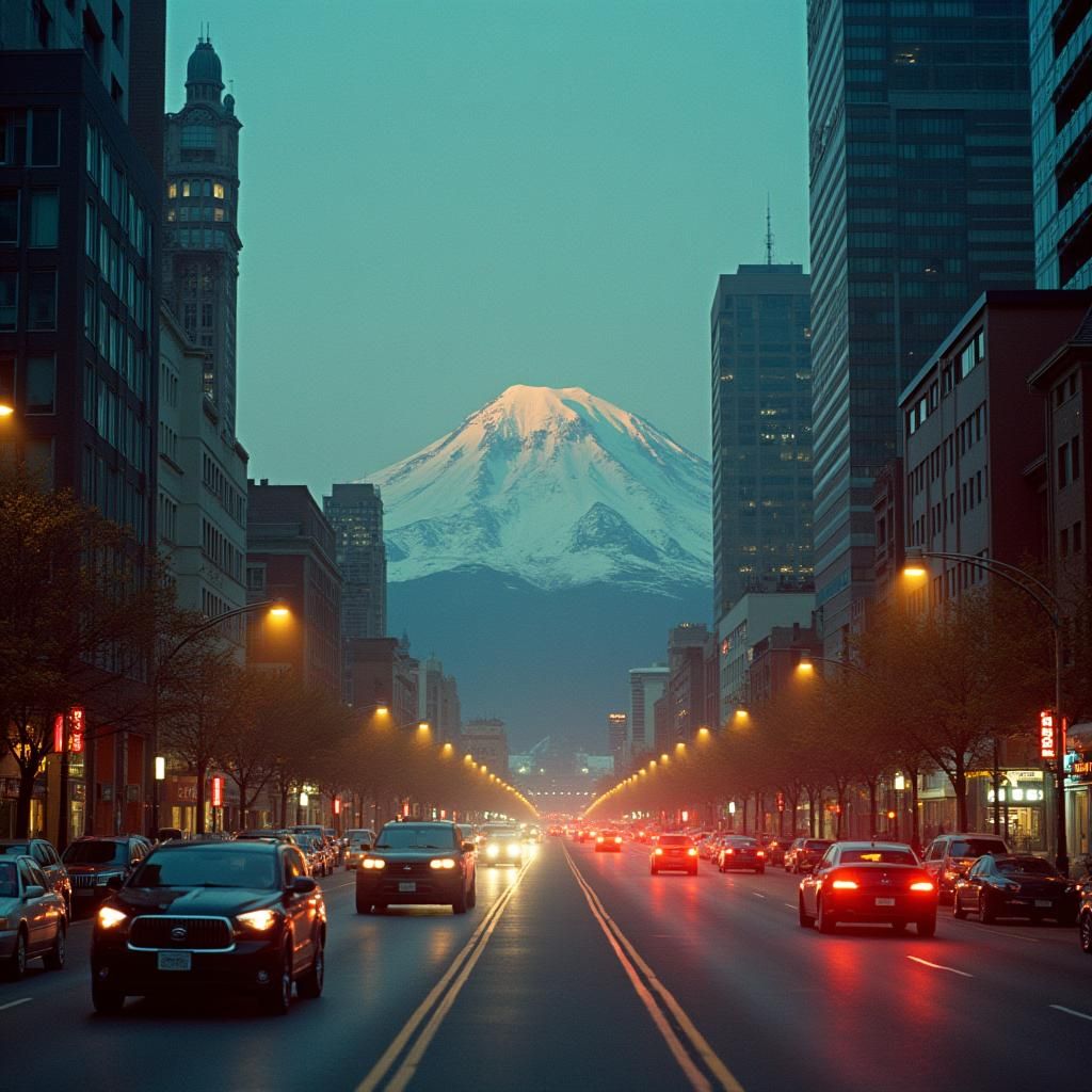 Futuristic Portland with Mt. Hood, Cinematic Style