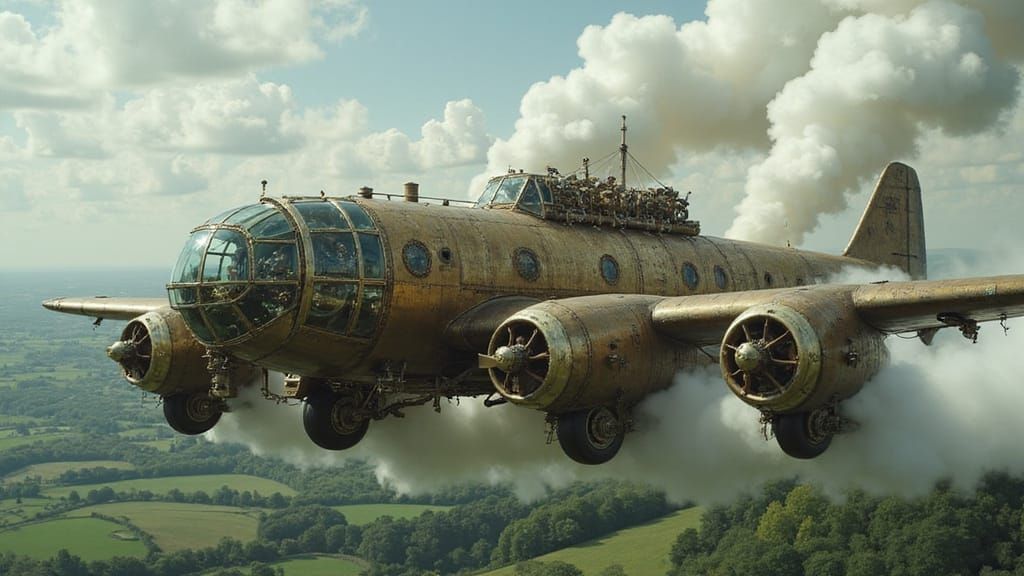 Steampunk Dog-Shaped Aircraft Over English Countryside