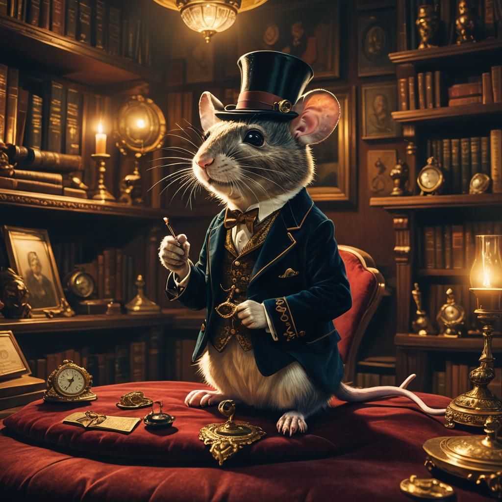Mouse in Dimly Lit Study Wearing Monocle