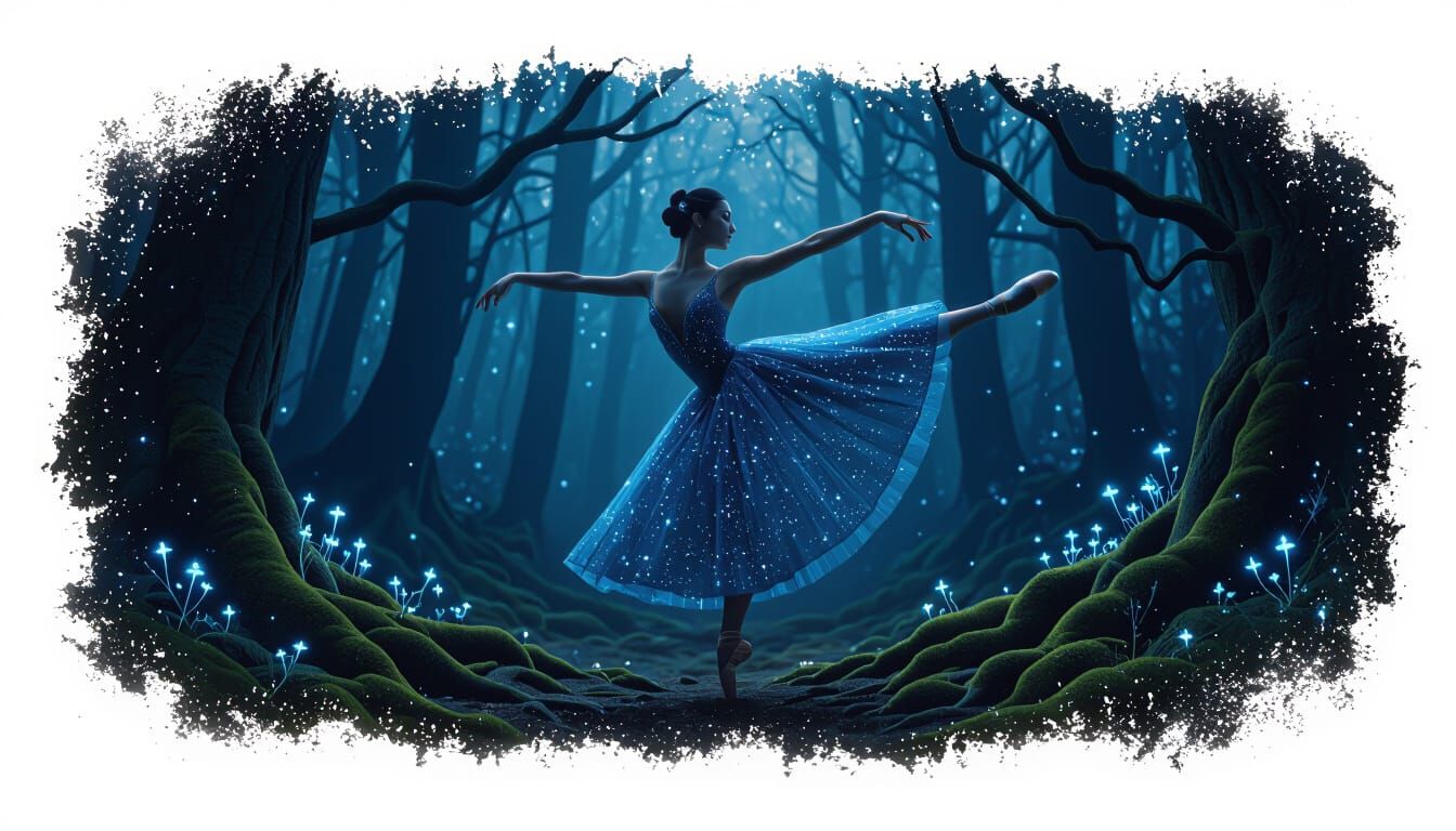 Ballet Dancer in Star Dust Gown in Twilight Forest
