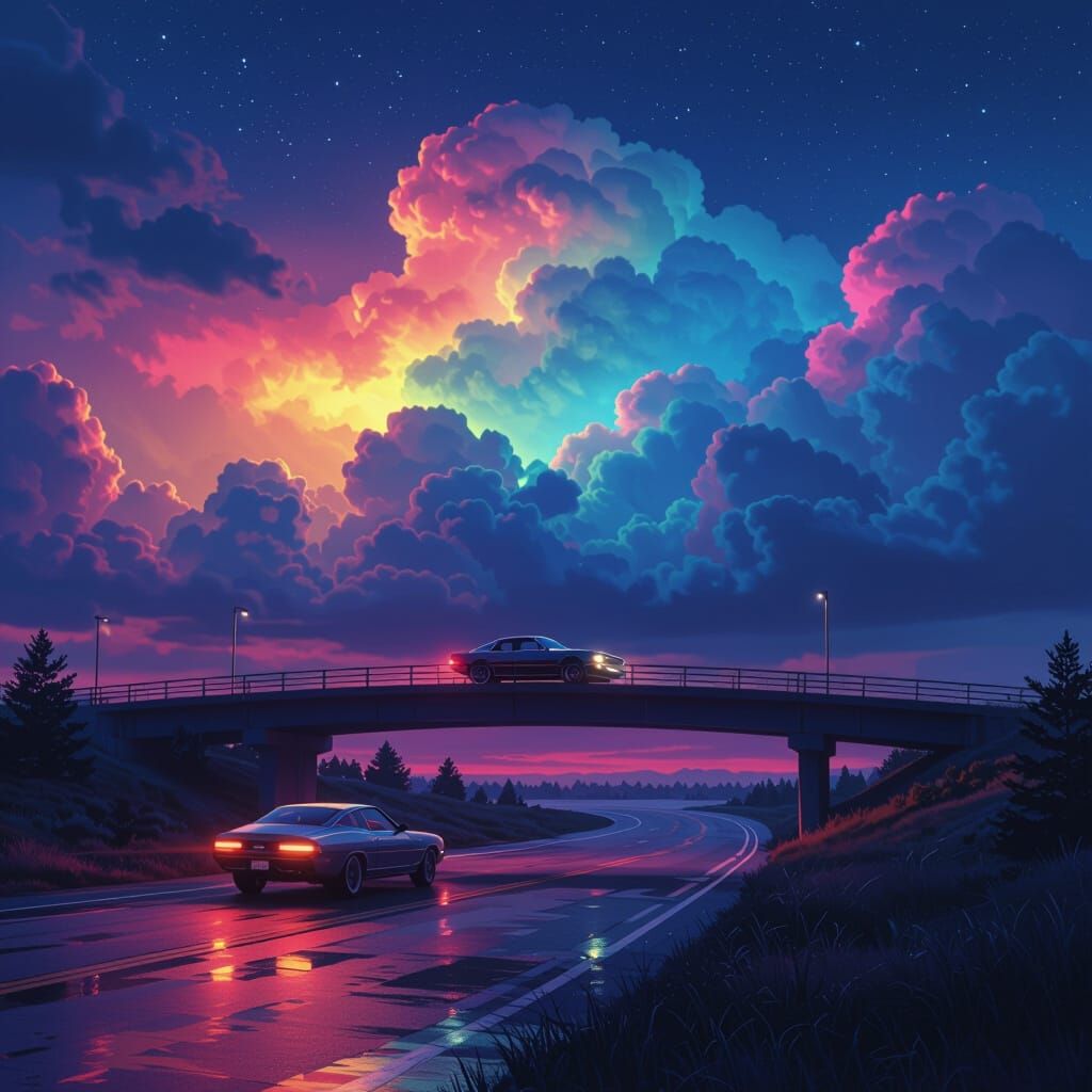 Night Bridge Under Rainbow Clouds in Photorealistic Style
