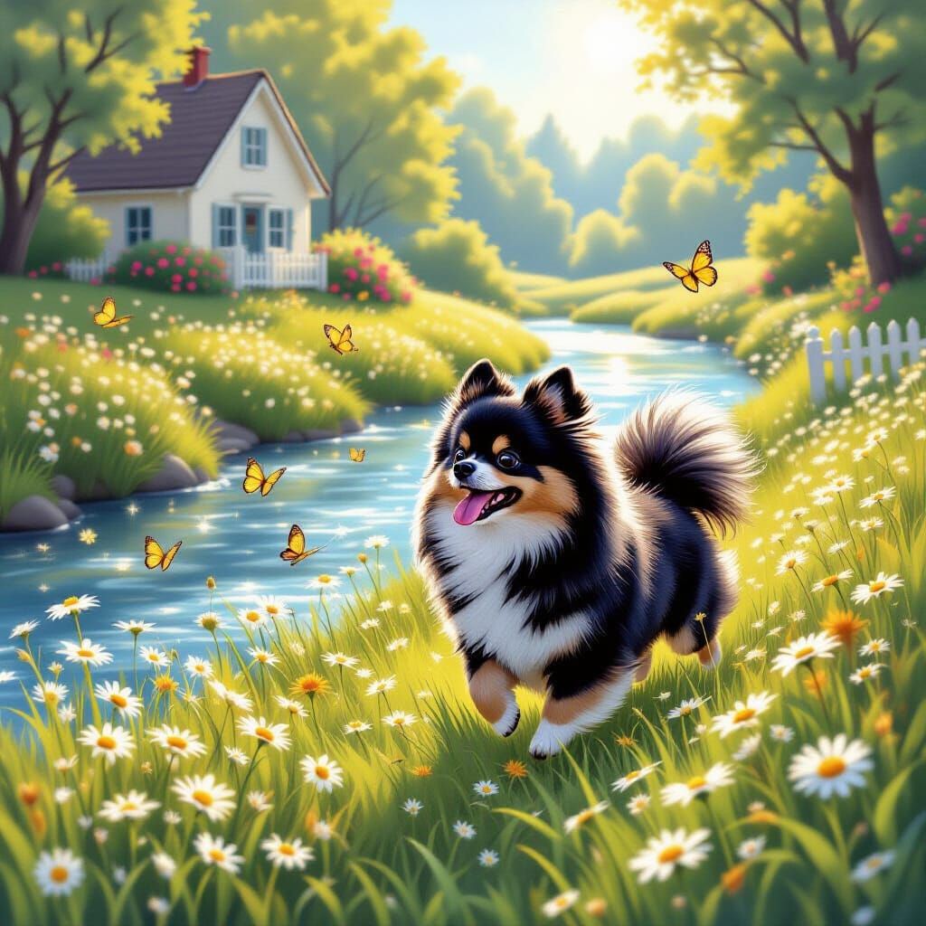 Pomeranian's Joyful Chase in a Radiant Meadow
