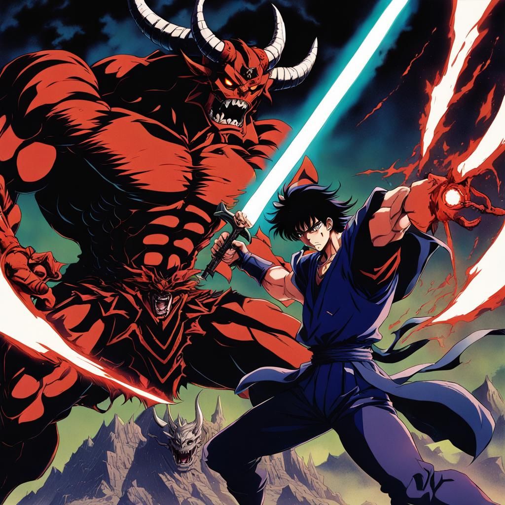 Heroic Demon Battle in 80s Anime Style