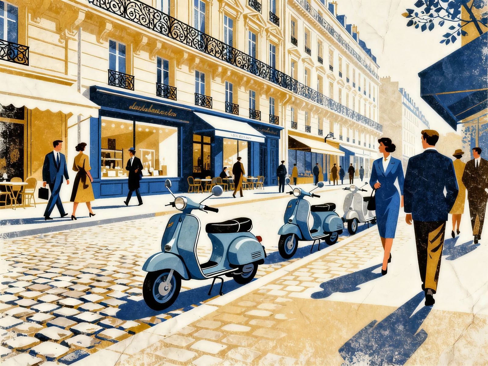 1960s Paris Street Scene in Bold Graphic Illustration Style