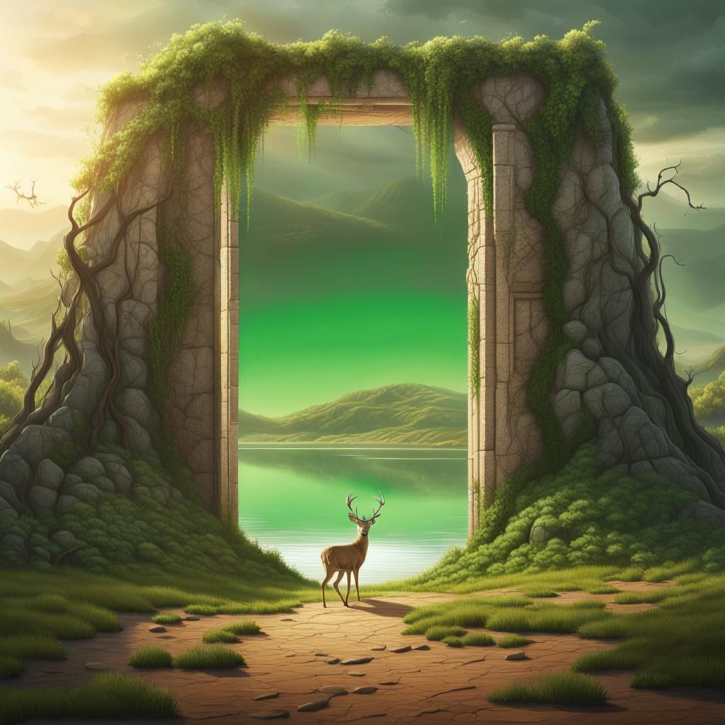 Portal to Lush World in Barren Landscape