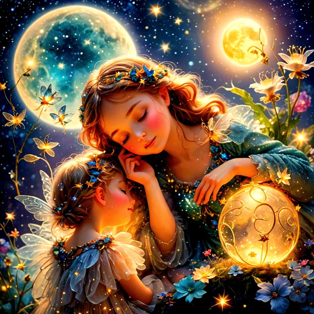 Fairies Sleeping on Bioluminescent Moon in Galaxy