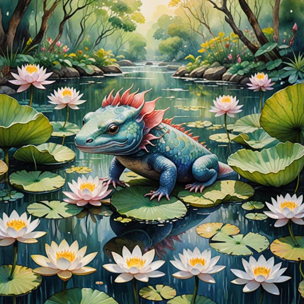 Thai Axolotl Masterpiece in Watercolor Style