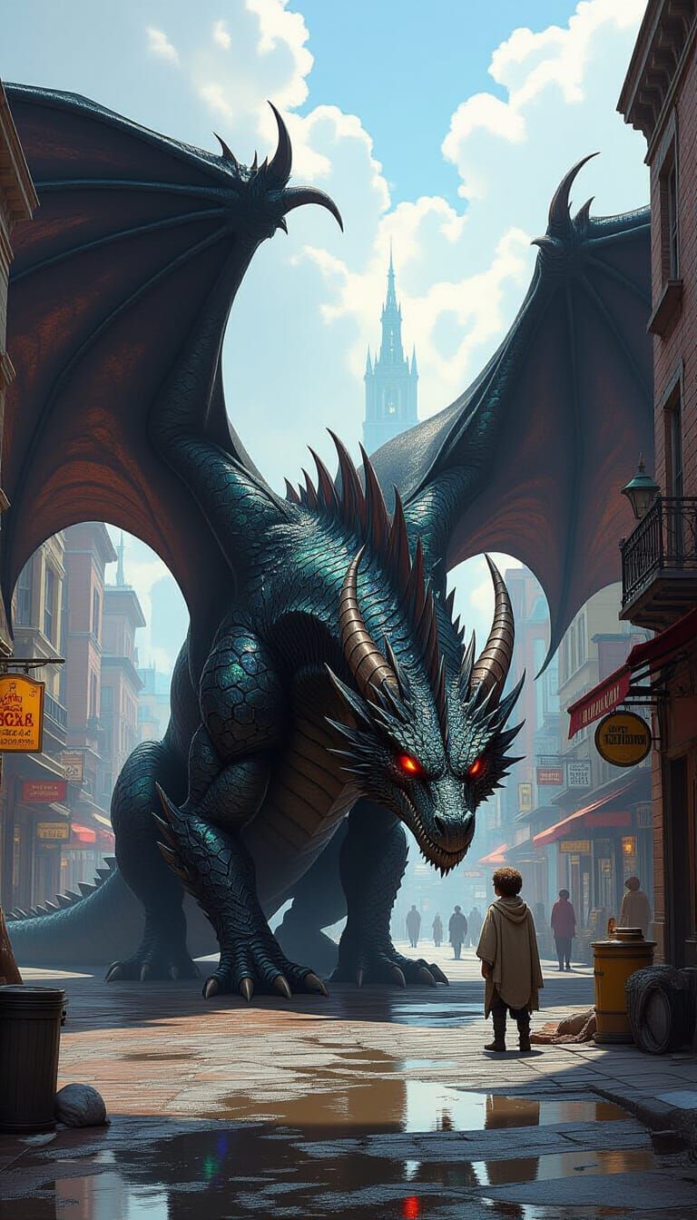 Majestic Black Dragon Befriends Street Urchin