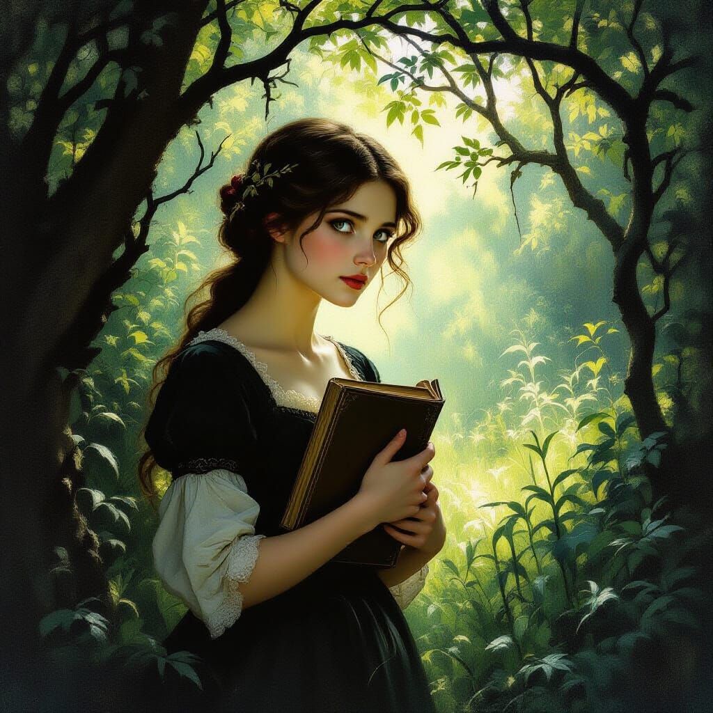 Shy Woman Emerges from Forest into Light