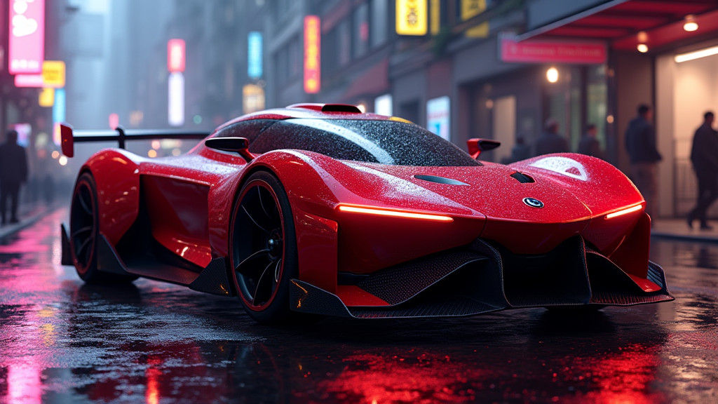 Futuristic Shark Concept Car in Cyberpunk Cityscape